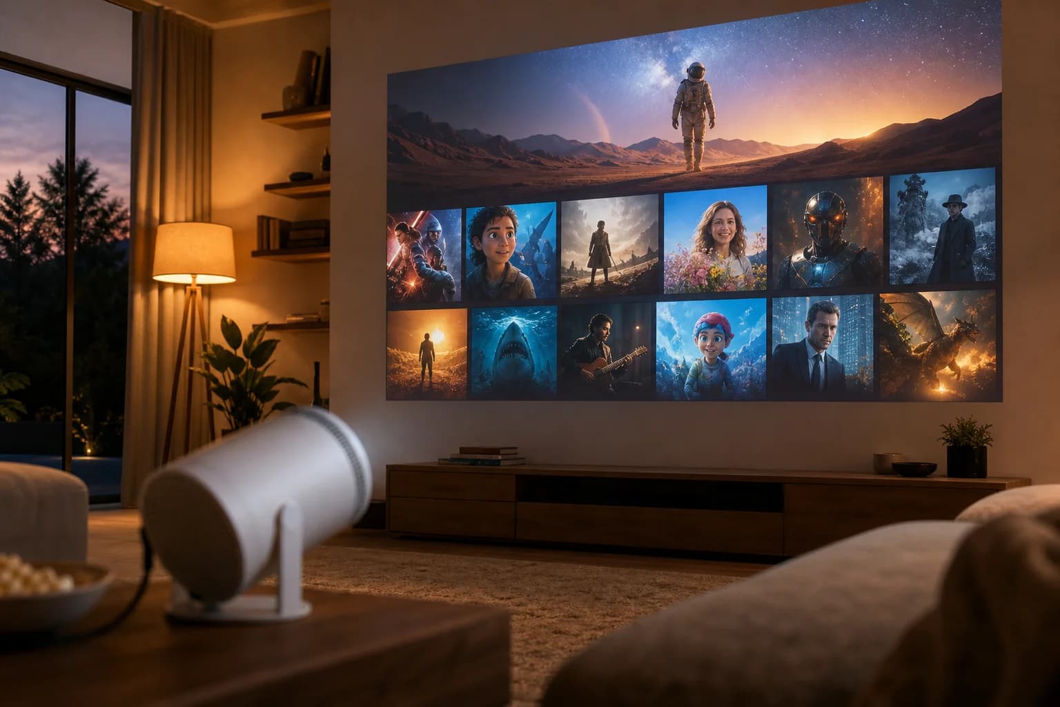 Living room wall with projector in use